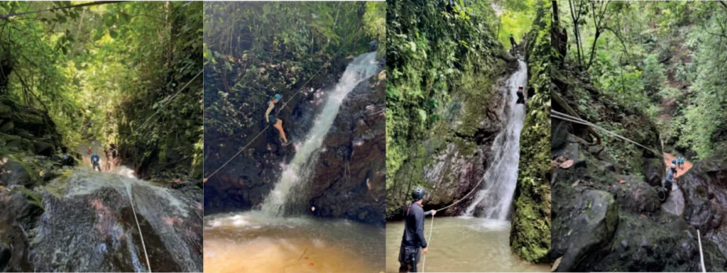 Personas disfrutando cascadas en Turrialba, cerca de Iriká Lodge, Costa Rica.