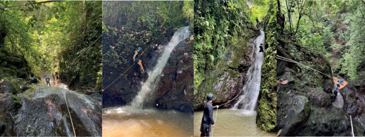 Personas disfrutando cascadas en Turrialba, cerca de Iriká Lodge, Costa Rica.